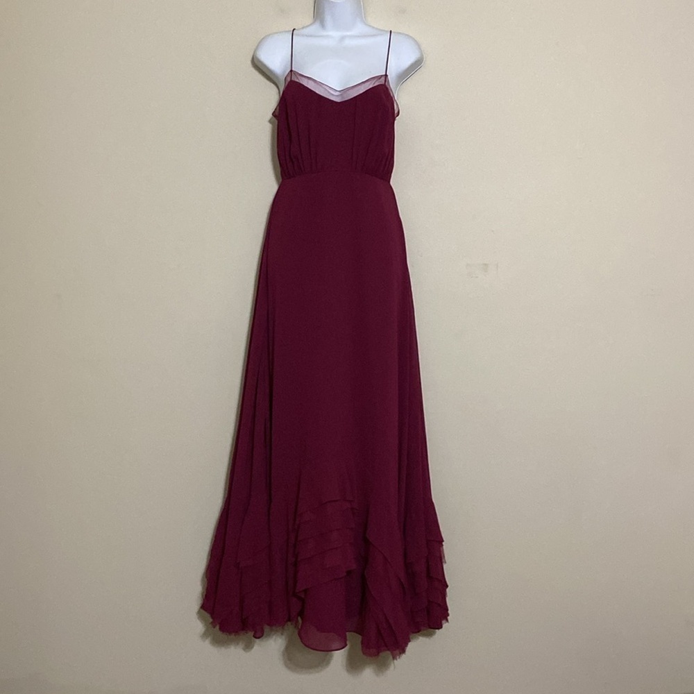 Watters Dove maxi Dress women 0 Elegant Burgundy gown event wedding ruffle hem - Picture 14 of 15